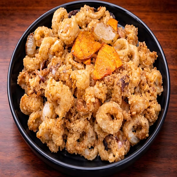 A black plate filled with crispy fried calamari rings and tentacles, garnished with orange bell pepper slices.