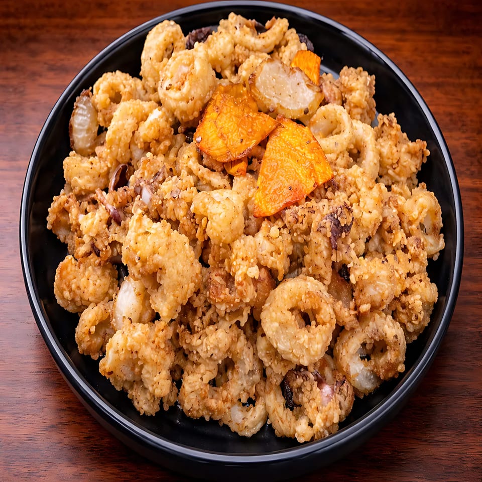 A black plate filled with crispy fried calamari rings and tentacles, garnished with orange bell pepper slices.