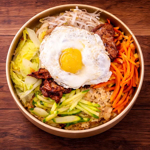 Bibimbap bowl with rice, beef, fried egg, carrots, zucchini, bean sprouts, and cabbage.
