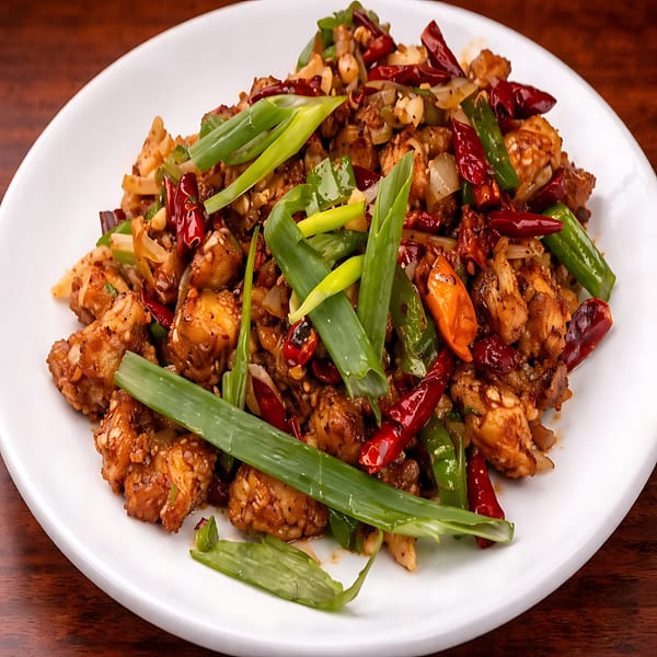 Spicy Kung Pao chicken with red chilies, green onions, and peanuts on a white plate.