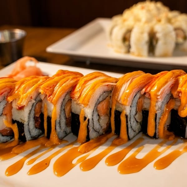 Sushi rolls with orange sauce and crab meat on a white plate, with more sushi in the background.